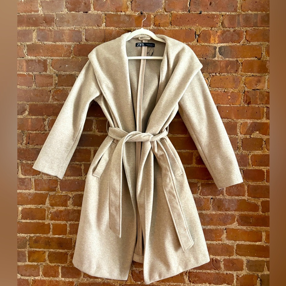 Belted soft hooded beige coat from Zara